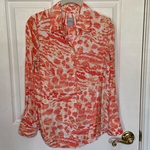 Chico's Buttonfront Collar Long Sleeve Blouse - Orange, White Animal Abstract